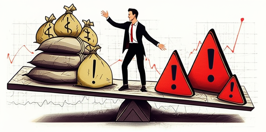 金融投資中槓桿與風險平衡的見鋸圖示，象徵投資決策的雙面性