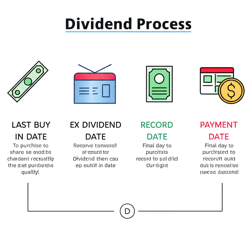 清晰資訊圖,顯示股利流程的四個步驟:最後買進日、除息日、基準日、發放日,附簡要描述