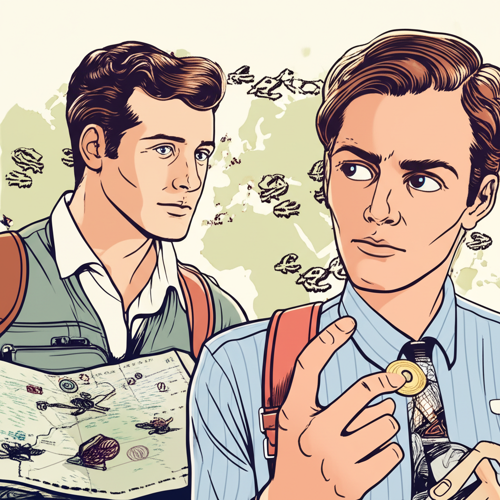 一位規劃英國之旅的人手持英鎊硬幣與地圖,背景有全球金融市場符號的經典插圖