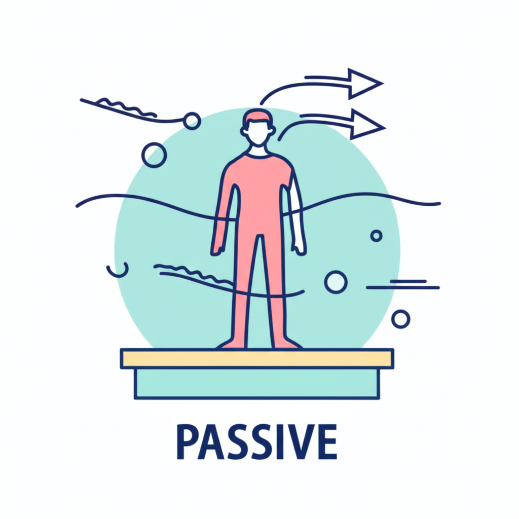 被動形容詞意涵的個人姿態插圖，展現平靜非反應狀態中承受外部影響
