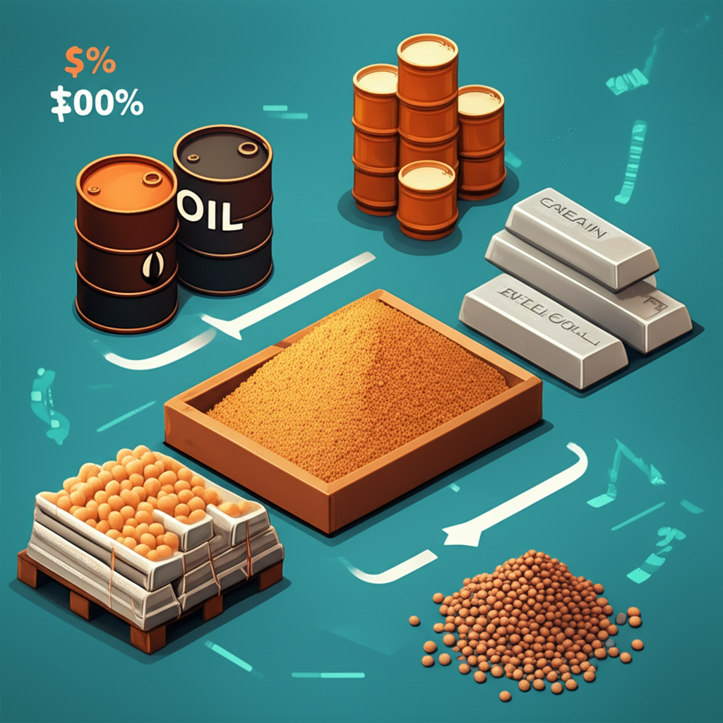 大宗商品定義插圖，展示標準化且可交易的實物商品如原材料，強調其實體產品性質與期貨市場的金融面向