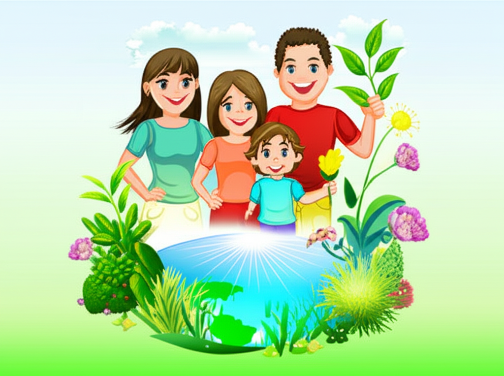 快樂家庭在綠意盎然的環境中茁壯成長,象徵永續生活為未來世代帶來全球和諧
