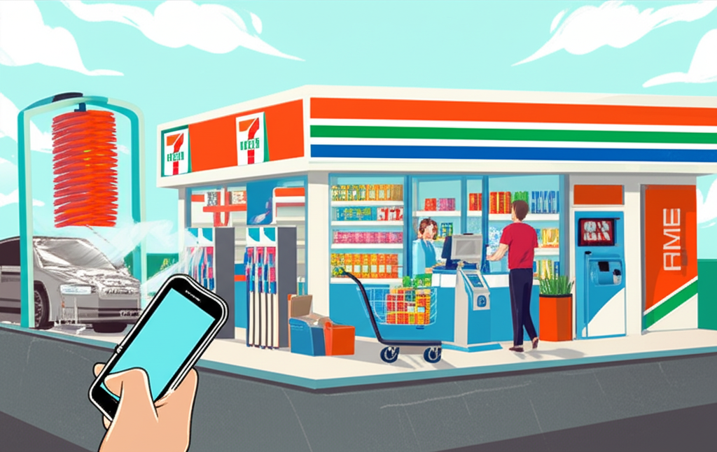 北海加油站服務插圖,包含自動洗車、7-11購物與行動支付場景,呈現多功能服務中心