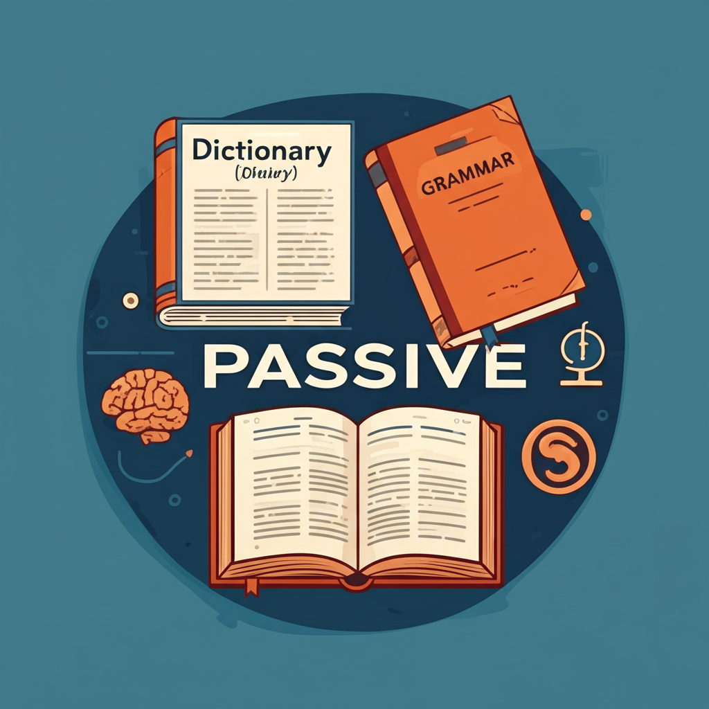 英語學習中 Passive 詞的多樣概念插圖，包括詞典、文法書與心理符號環繞其複雜面向