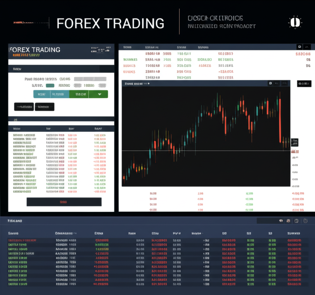 An illustration of a user friendly forex trading platform interface displaying real time quotes interactive charts order placement options and financial news feeds