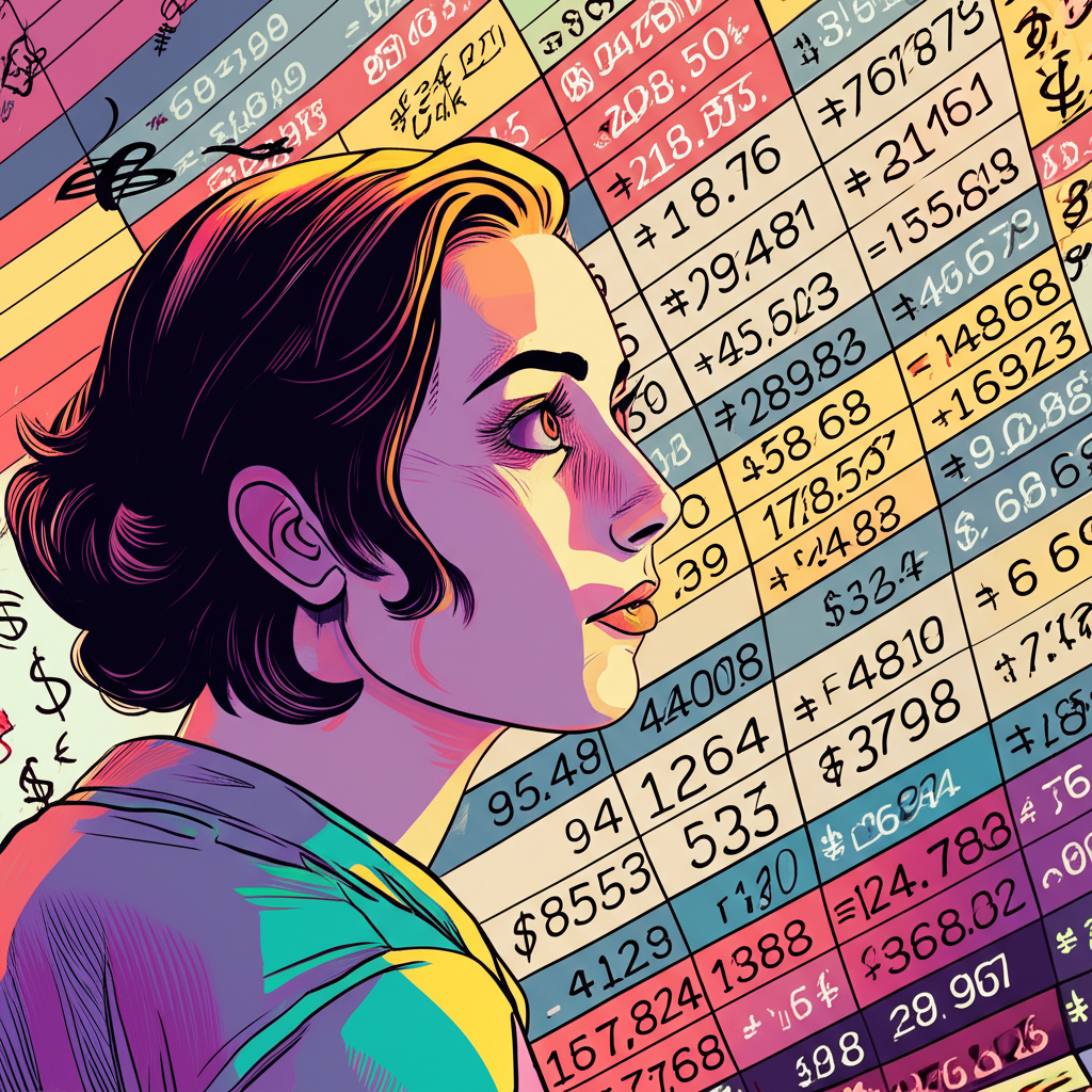 困惑的人注視著複雜銀行匯率板,周圍飛舞著國際貿易與貨幣符號,象徵全球金融概念