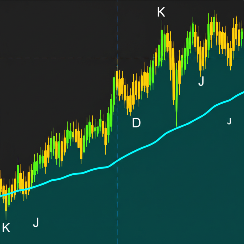 股票圖表顯示KDJ三條線K D J，代表不同市場動能面向與買賣訊號的插圖
