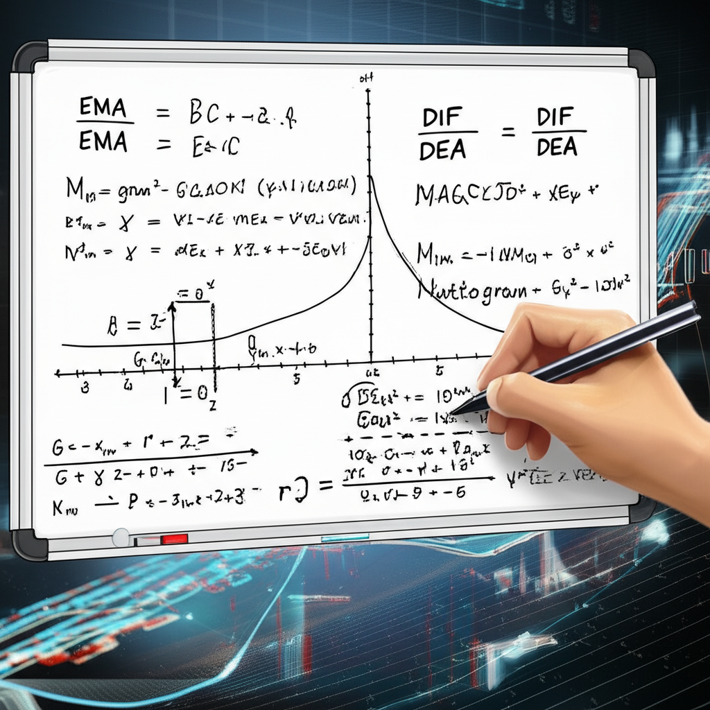 白板上展示 EMA 和 MACD 計算公式的插圖,背景為金融數據流動