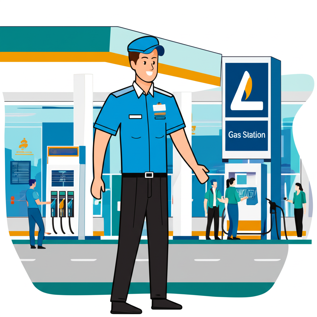 北海加油站員工插圖,顯示制服員工協助顧客,強調正面工作環境與團隊合作