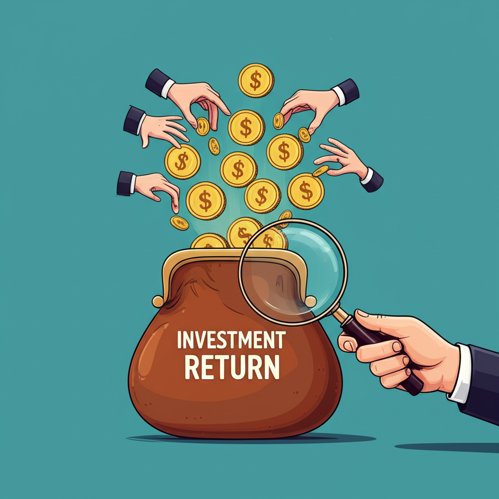 錢幣錢包標示為投資回報,正被隱形小手抽走資金,代表手續費和稅款等隱藏成本如何侵蝕利潤,一位成功投資者用放大鏡察覺這些費用