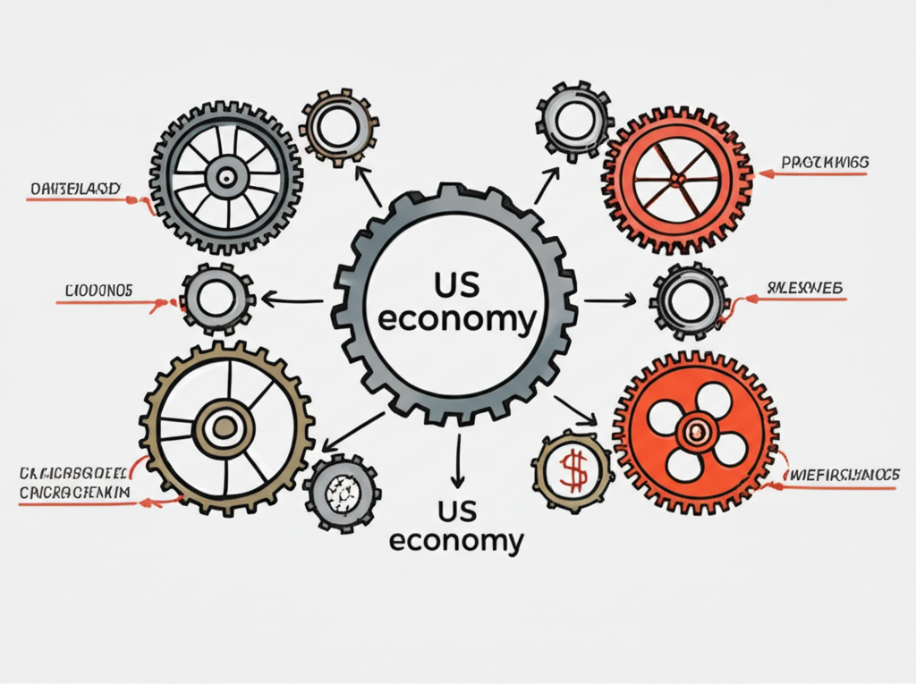 複雜齒輪與齒輪組代表全球經濟力量互動，中央齒輪標示美國經濟，箭頭顯示對美元符號的影響，象徵貨幣波動根源