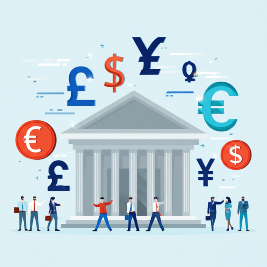 全球經濟舞台上貨幣符號環繞中央銀行建築與企業人士航行動態世界經濟的插圖