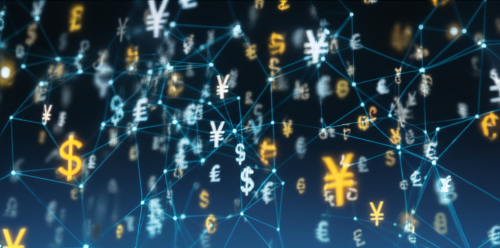 全球外匯交易中多樣貨幣符號在分散數位網絡中互聯的插圖
