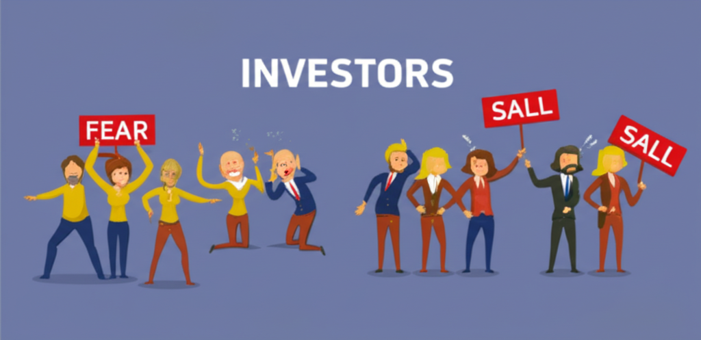 投資者情緒對比插圖,一群恐慌賣出,另一群冷靜買入,象徵恐懼與貪婪