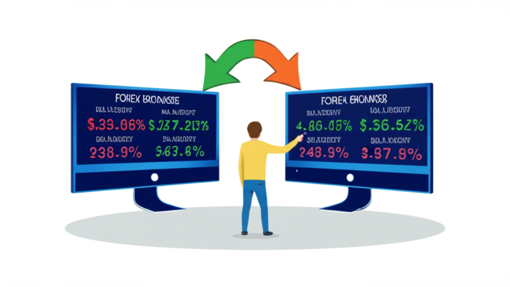 外匯套利交易中交易者比較不同經紀商報價並快速執行買賣動作的示意圖