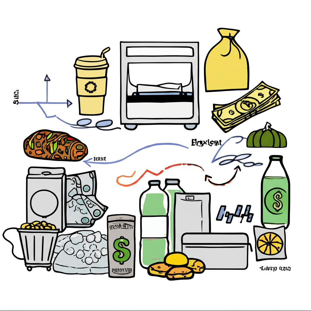 各種商品服務價格插圖，有些自由波動，有些黏著或緩慢調整，代表價格僵固性與黏性通膨，初始衝擊後整體通膨維持高位