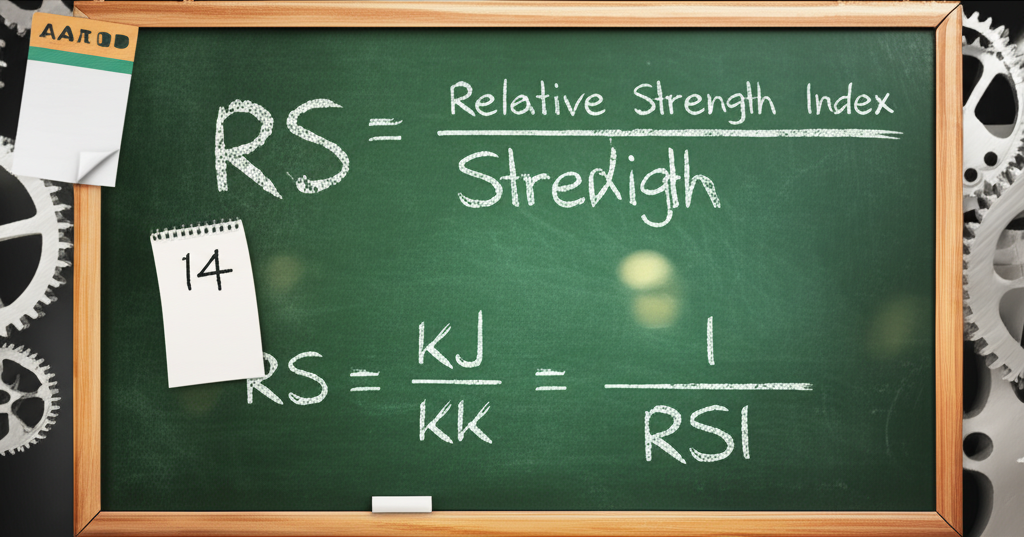 黑板上寫RS與RSI公式,曆標14天,齒輪轉動象徵計算過程