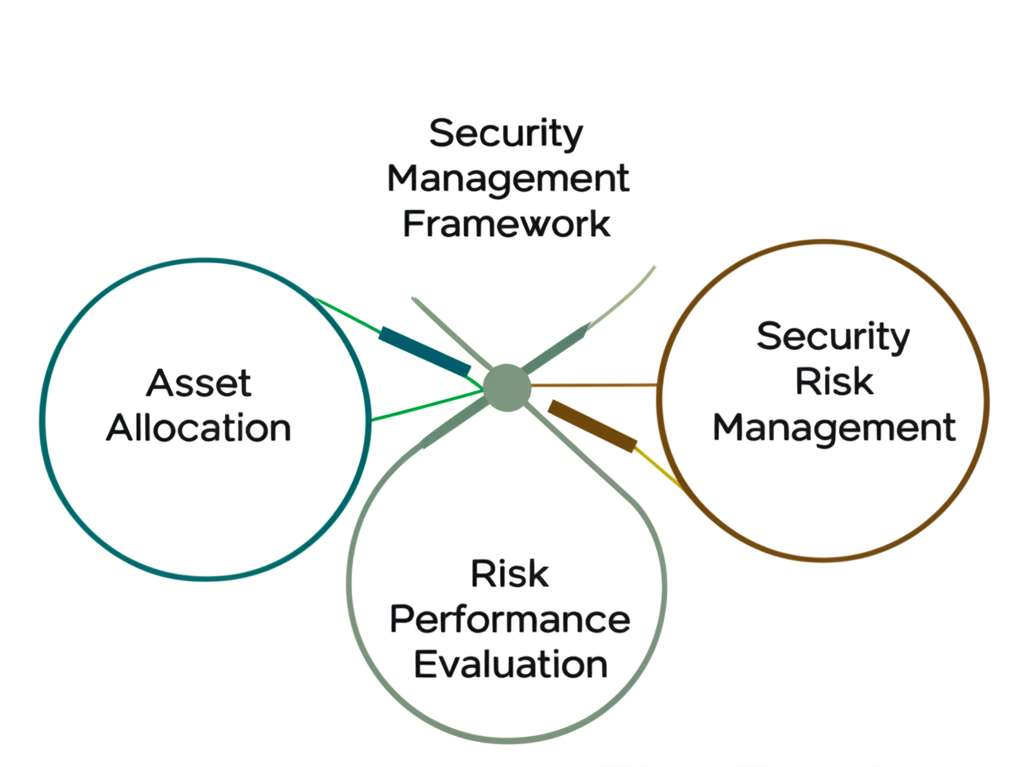 金融資產管理的四大核心要素,包括資產配置、證券選擇、風險管理和績效評估,作為投資框架的互聯圖示