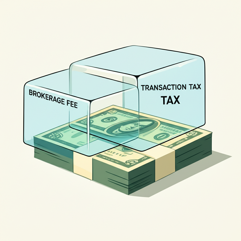 計算器顯示複雜的費用計算,包括百分比和折扣,旁邊堆疊著錢幣,象徵了解券商手續費率和折扣對股票交易的重要性