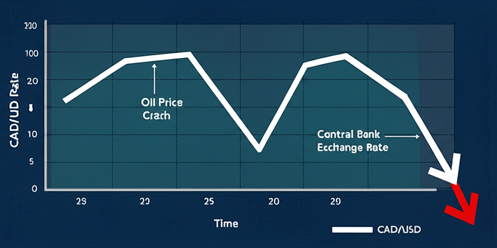 CAD/USD 匯率走勢圖,突出油價崩跌與經濟反彈階段