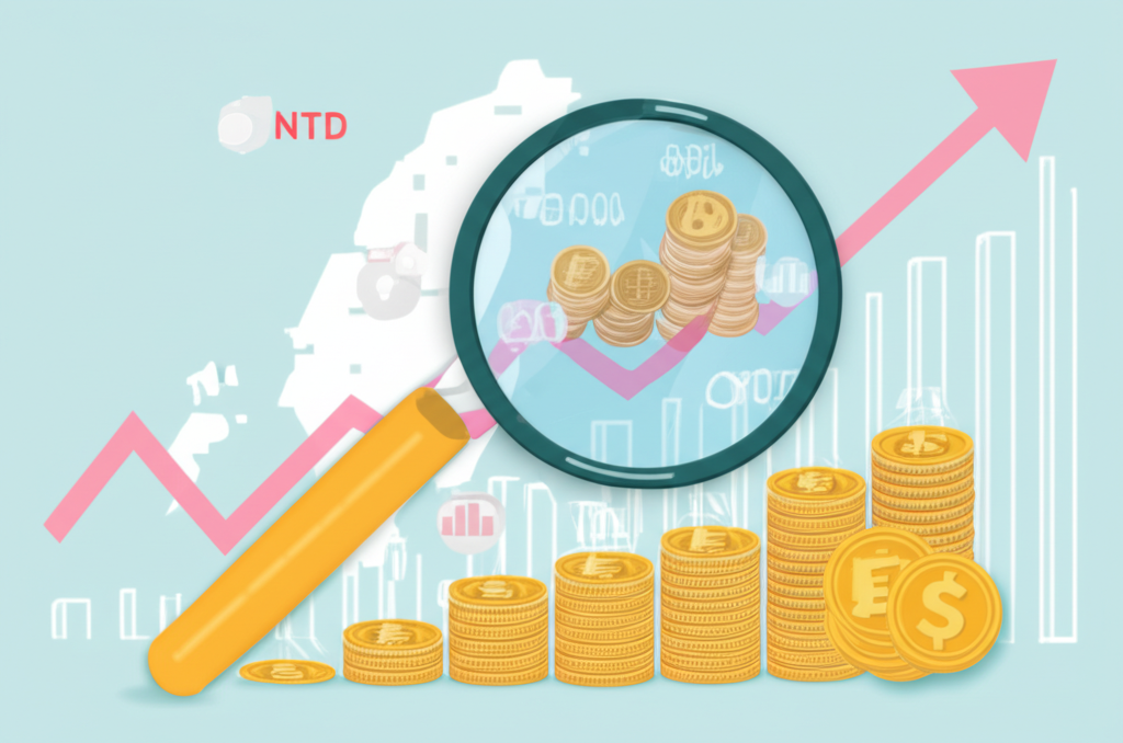 放大鏡檢視經濟指標圖表與貨幣符號，背景為台灣與香港地圖，象徵在地投資策略與智慧財務決策