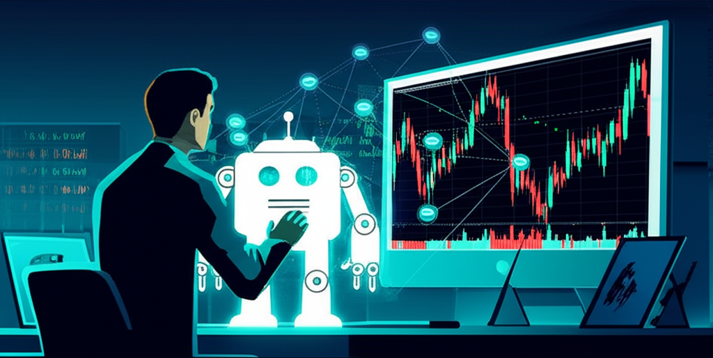 交易者與 MT4 圖表互動的插圖,包含即時報價、分析工具與自動交易 EA 元素