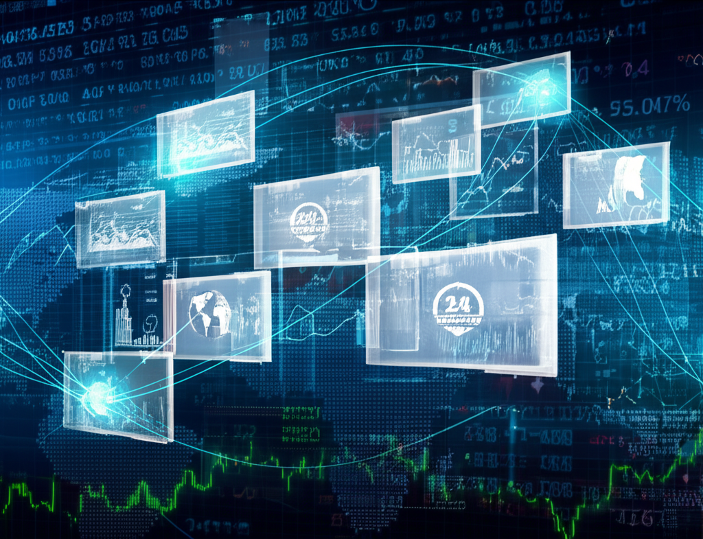 a massive interconnected global financial market with glowing digital screens displaying 24-hour currency trading across continents