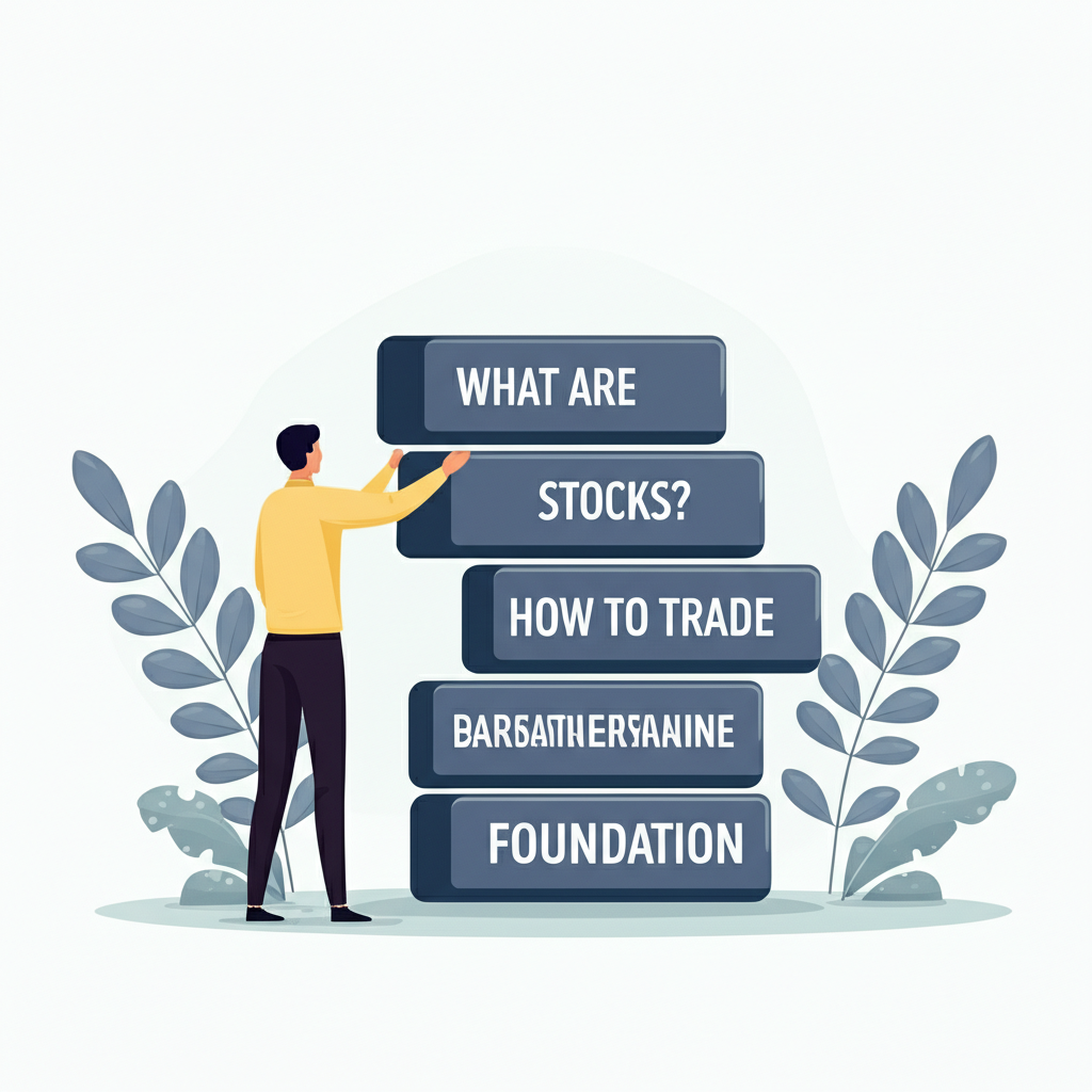 一位人士建立股票市場基礎知識,理解股票是什麼以及交易方式,插圖風格