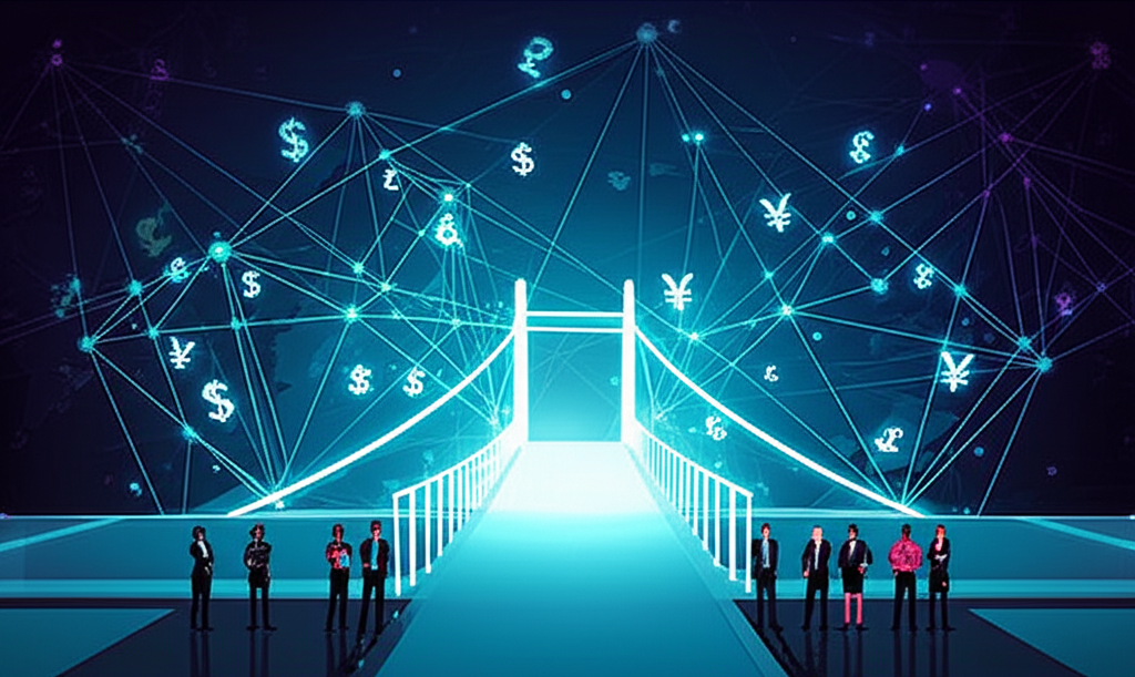 An illustration of a digital bridge connecting individual investors to a vast global financial market with currency symbols floating around representing foreign exchange trading