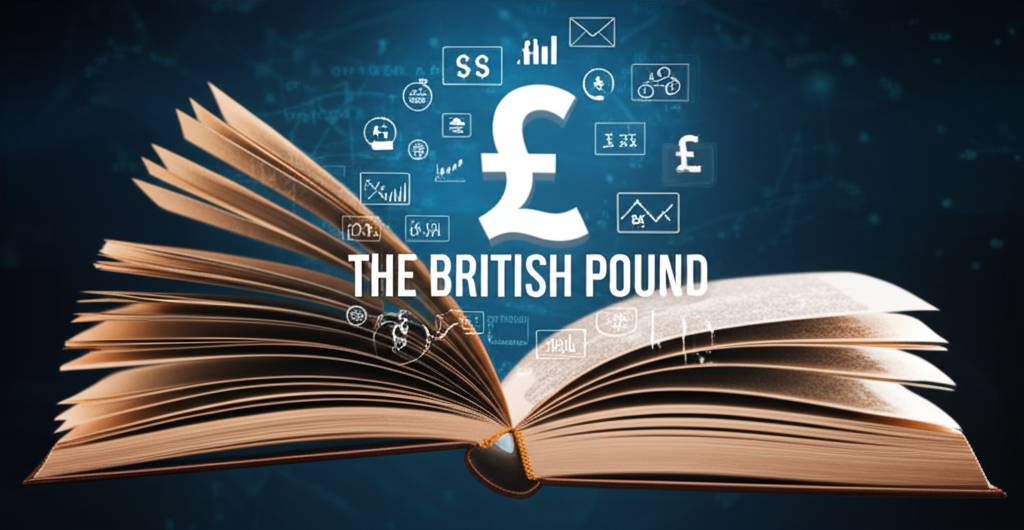 一本關於英鎊的全面指南書,頁面浮現各種金融圖表、貨幣符號與匯率資訊的詳細插圖