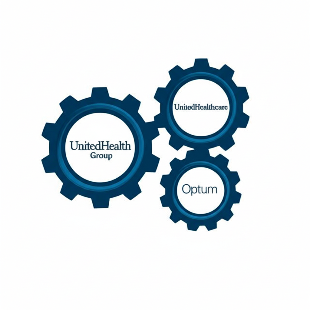 聯合健康集團雙引擎策略插圖,兩個互聯齒輪代表UnitedHealthcare保險與Optum健康服務的協同運作