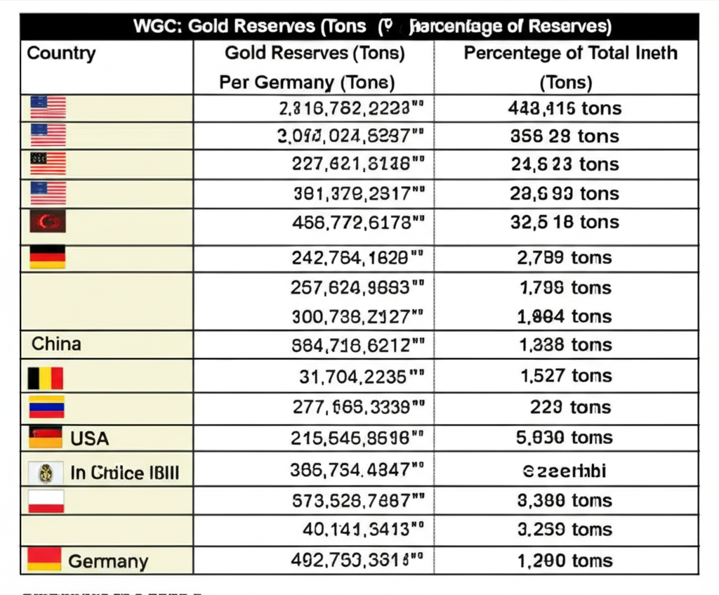 詳細表格顯示美國、德國及中國等國黃金儲備量(噸)與比例,數據來自世界黃金協會與國際貨幣基金組織