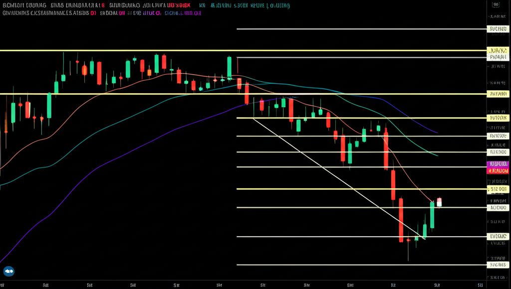 交易圖表繪製各種阻力線,包括連接歷史高點的水平線、下降趨勢線,以及移動平均和斐波那契回撤的動態線