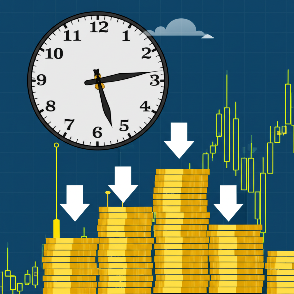 時鐘在金融圖表上滴答作響,周圍散落著代表外匯和CFD交易過夜倉位費用的金幣,強調成本與潛在利潤