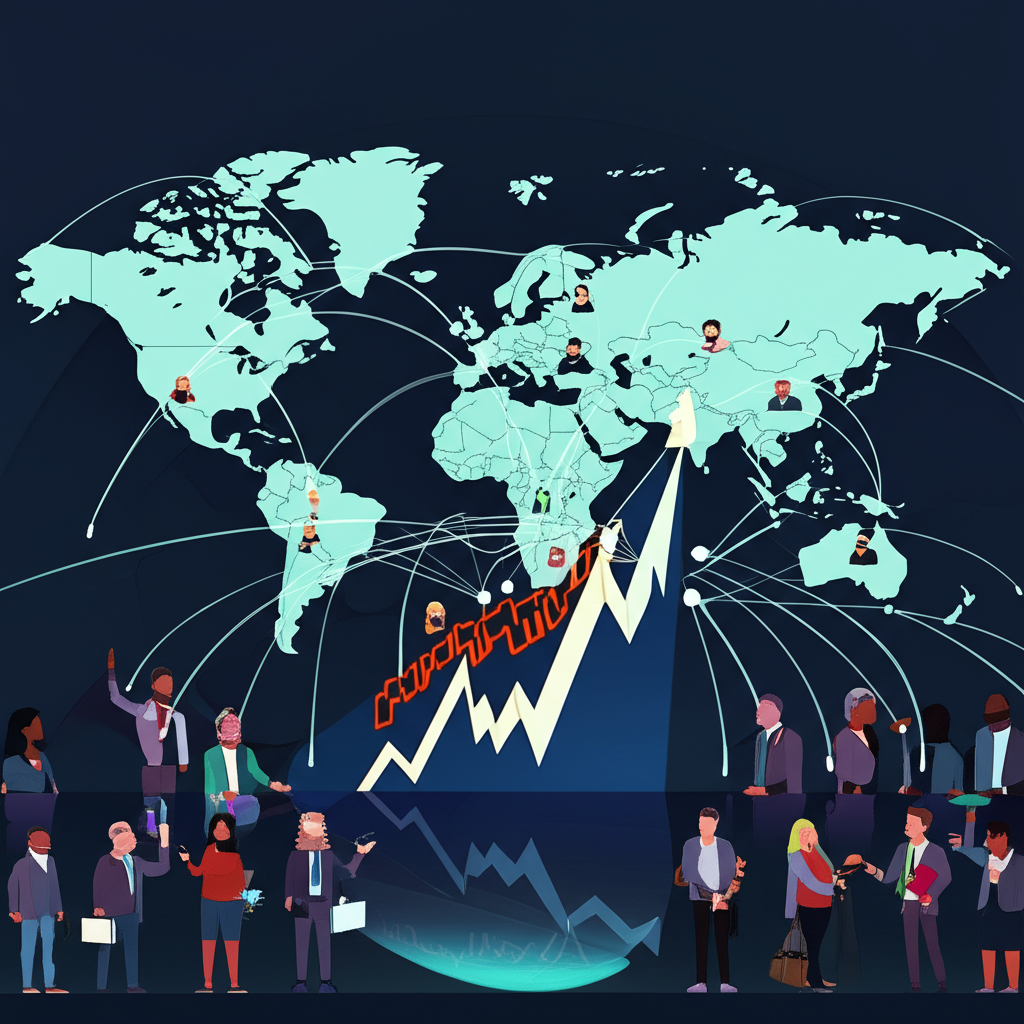 世界地圖連線匯入富時100指數圖表的插圖,國際投資人與分析師觀察全球經濟影響