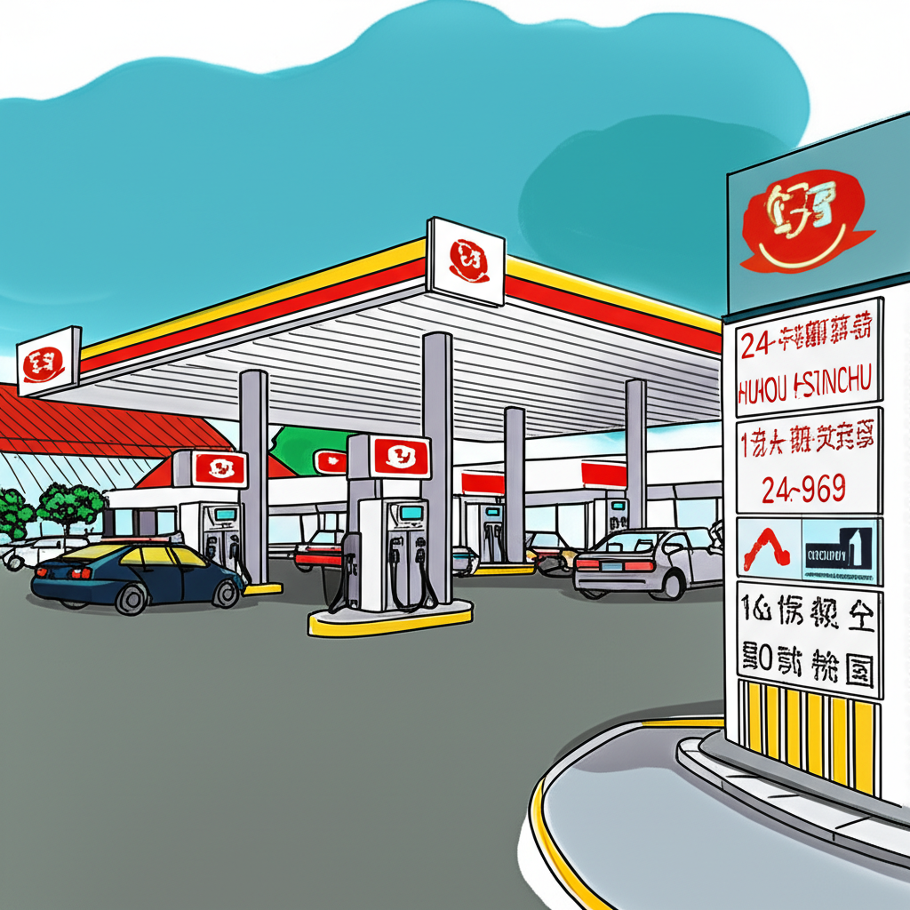 北海加油站插圖,顯示車輛加油與24小時服務標誌,強調便利與可及性