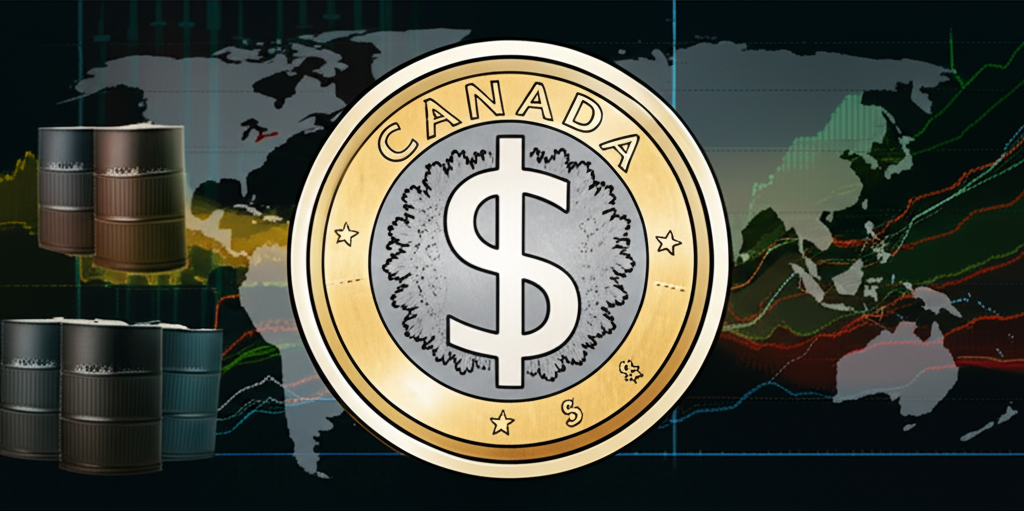 加幣作為商品貨幣的象徵圖,包含油桶、全球地圖與經濟圖表