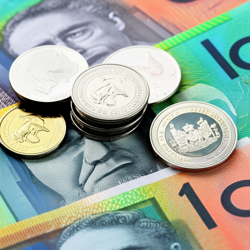 澳洲元 AUD 貨幣符號、硬幣與塑膠鈔票在澳洲及太平洋島嶼的使用,以及全球金融市場插圖