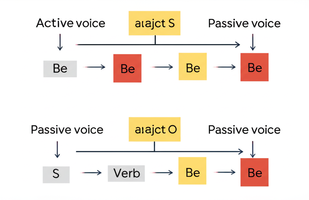 主動到被動語態轉換的句子結構插圖，包含箭頭與文法符號強調主語轉變與 be 動詞及過去分詞