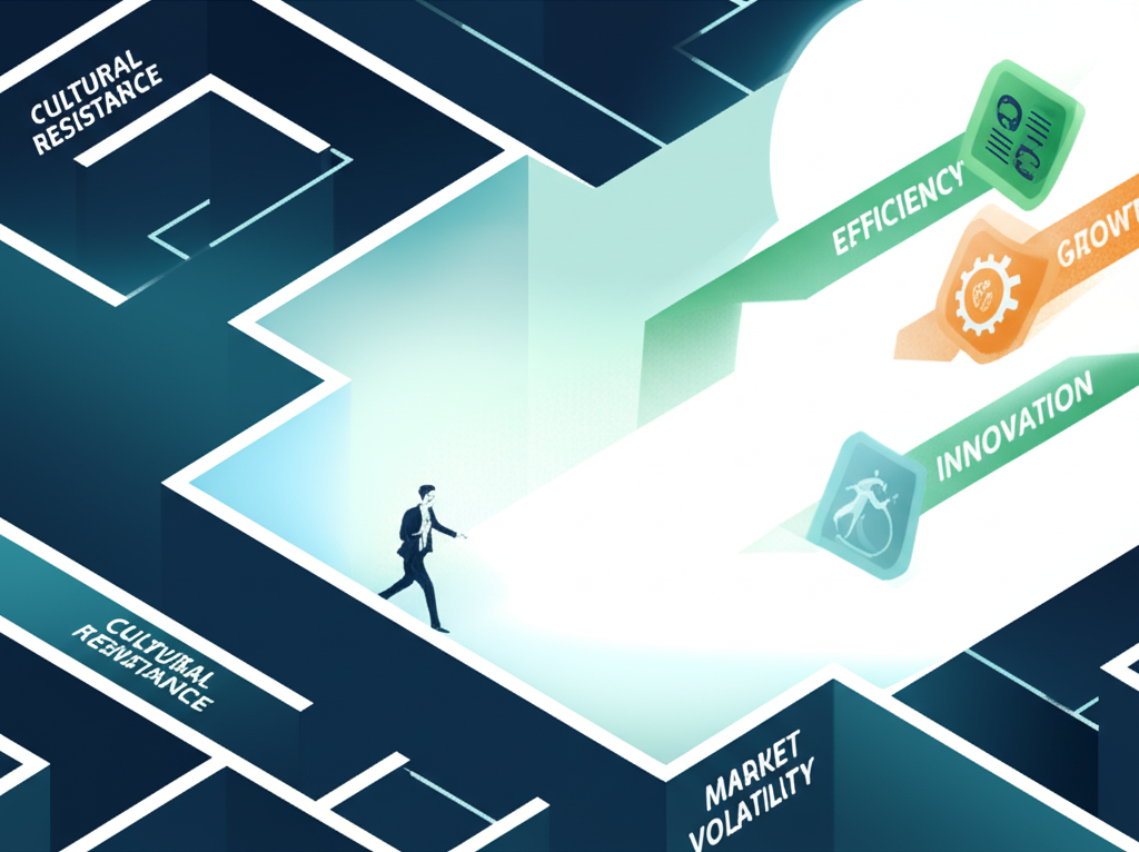 企業人士穿越文化阻力與技術整合等挑戰迷宮,朝向效率與創新的機會前進的插圖