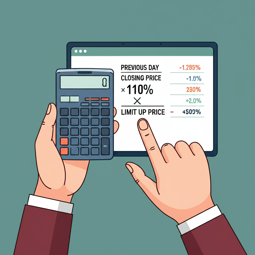 計算漲停價公式示意圖，手持計算器顯示前日收盤價乘以1.1的股票範例