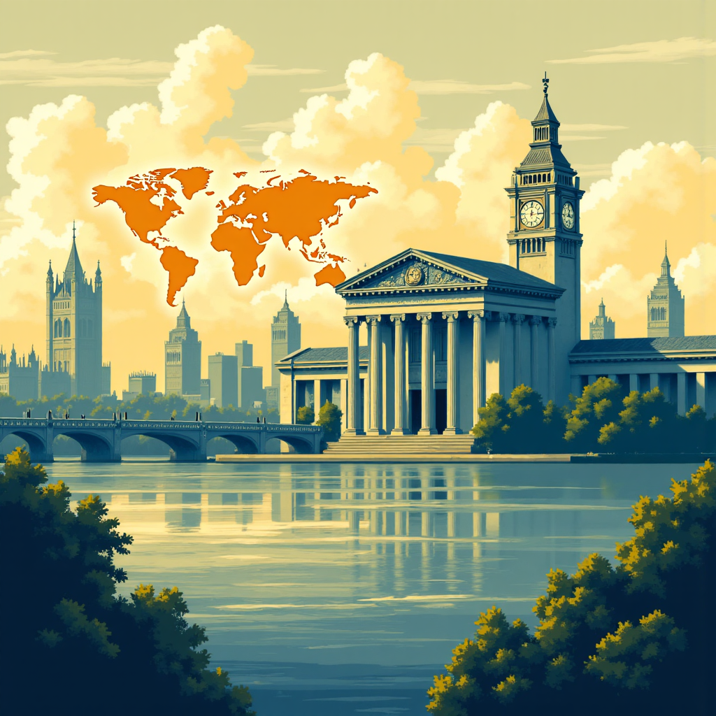 英國央行建築與利率圖表波浪連結全球地圖的風格化像素藝術插圖，溫暖黃色與冷藍調性營造 ethereal 氛圍