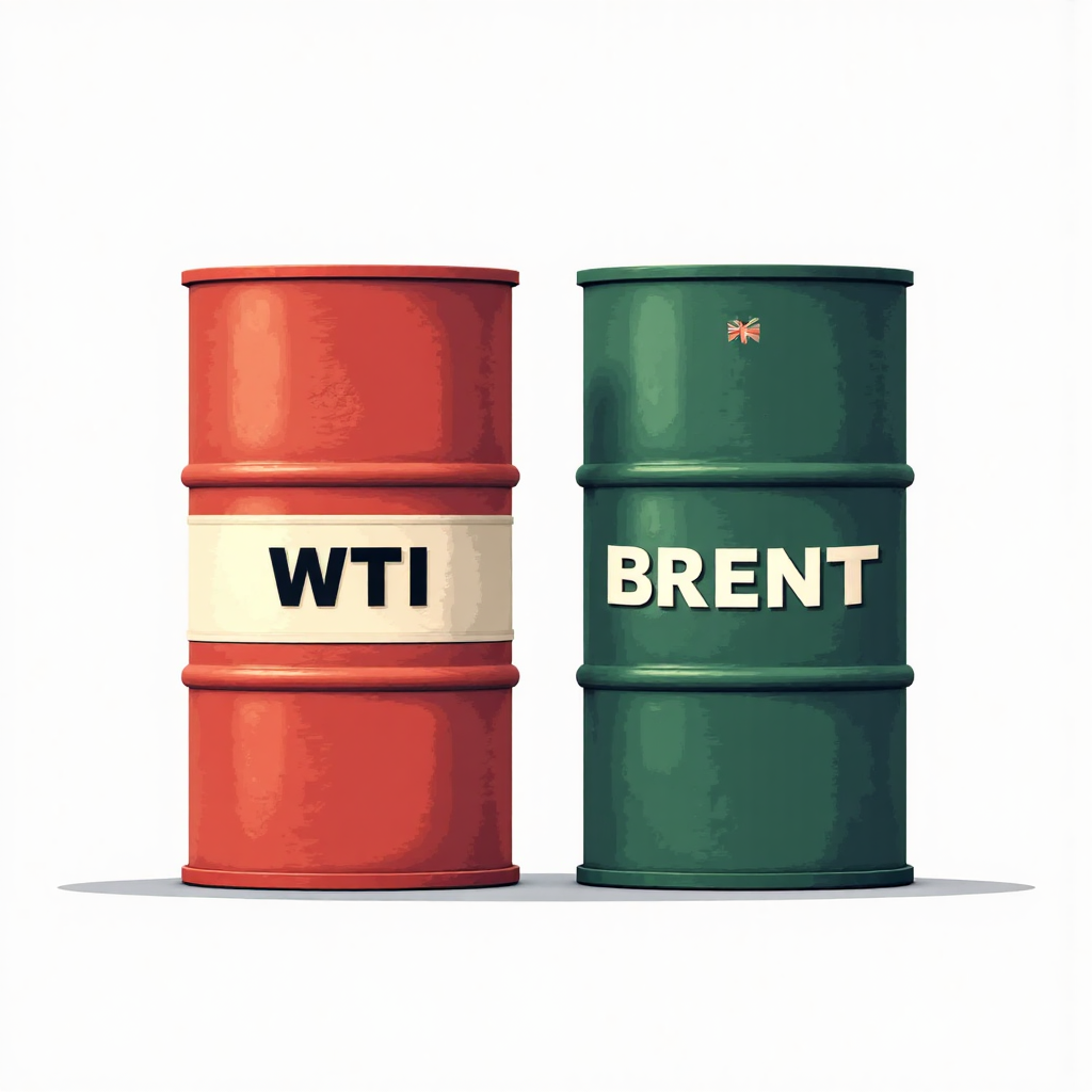 像素藝術風格的WTI與布蘭特原油桶插圖，標示不同品質與市場區域