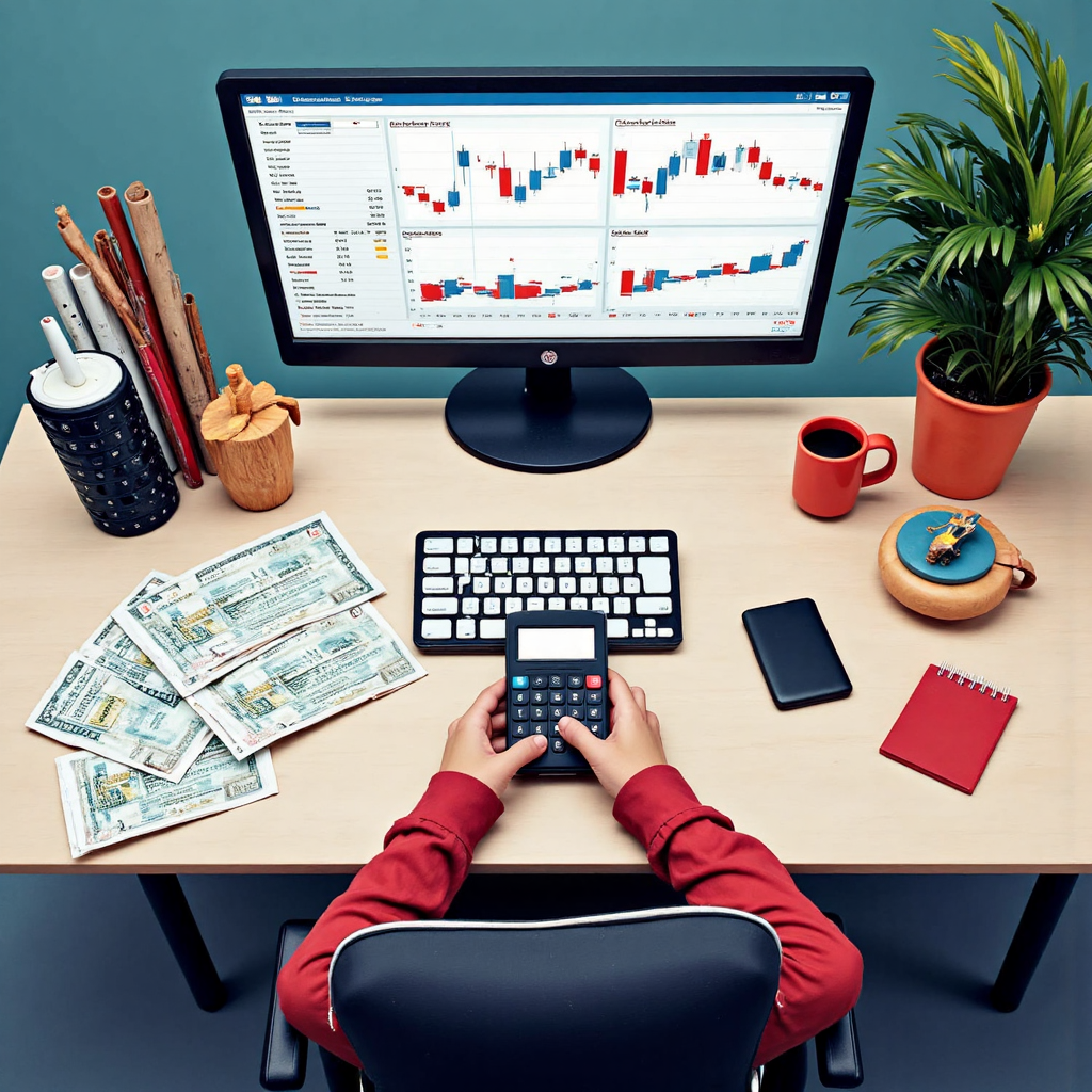 交易桌俯視圖，散落股票證書、周圍有計算器與顯示複雜圖表的電腦螢幕，角落有小零代表小單位交易的像素藝術
