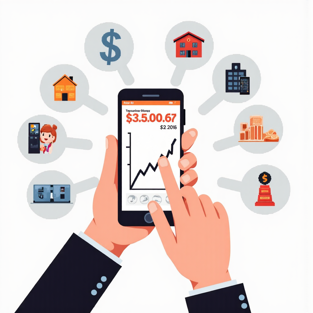 手持智慧型手機顯示CPI趨勢圖像素藝術插圖，周圍環繞薪資、住房與投資圖示