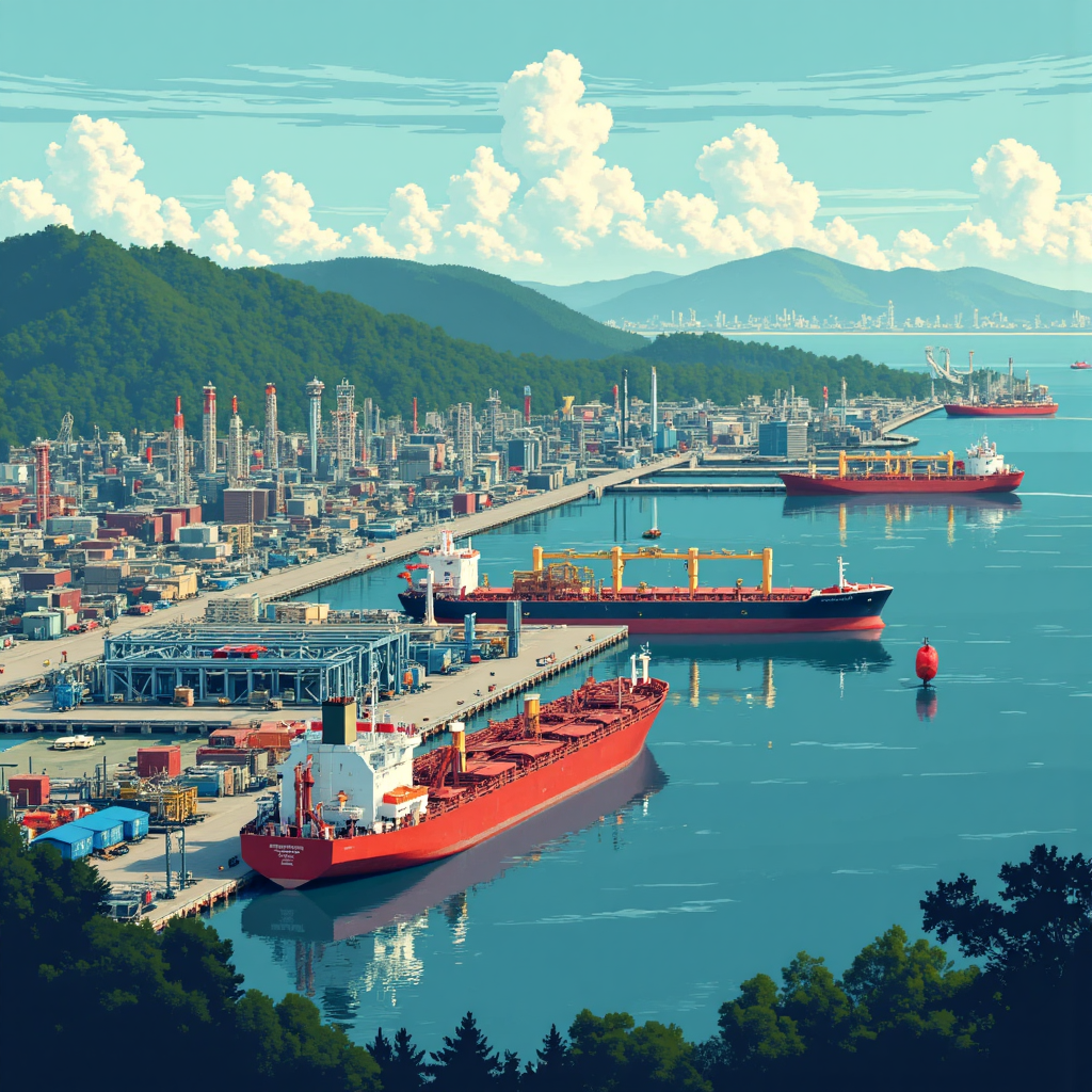 台灣港口俯視圖,顯示油輪與杜拜原油價格對煉油與市場影響的規模疊加