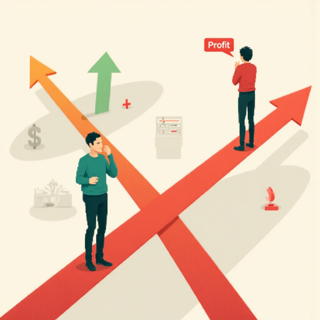 投資者比較風險與回報路徑的像素藝術插圖，背景融入金融圖表元素