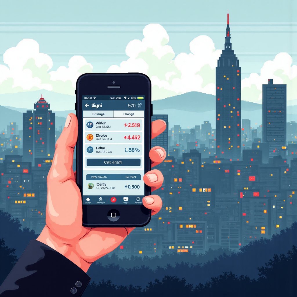 手持智慧手機顯示即時匯率的台北城市景觀像素藝術插圖