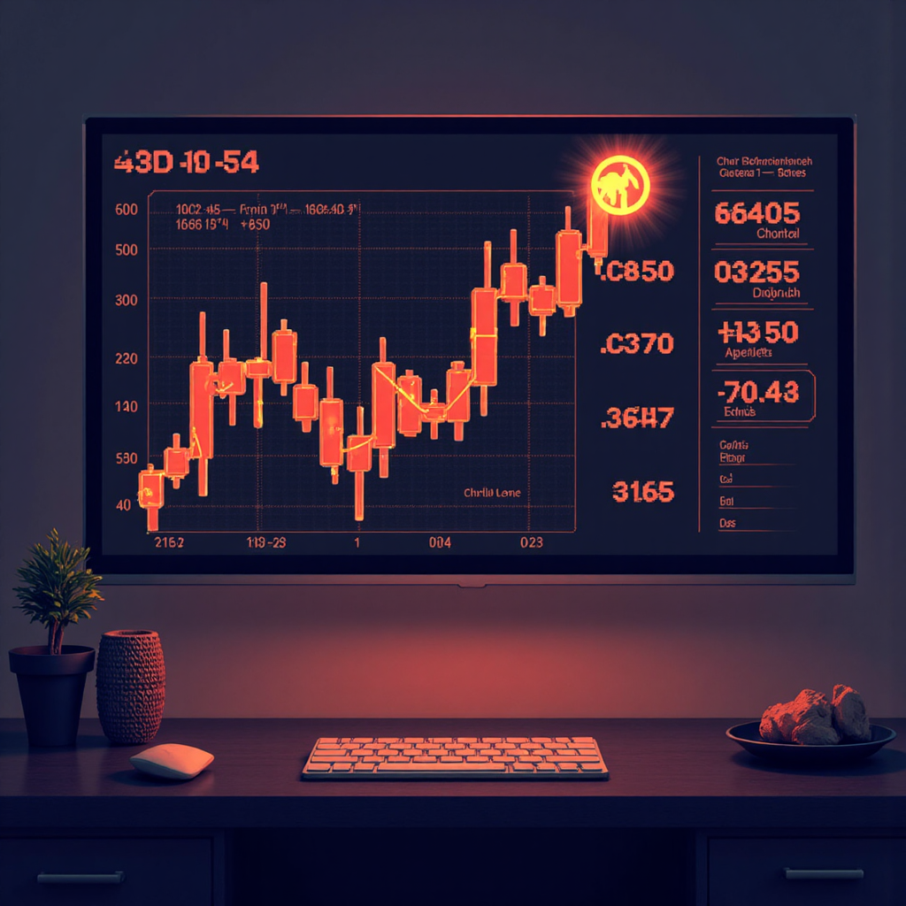 像素藝術風格的金融圖表,標記發光樞軸點與背景抽象齒輪