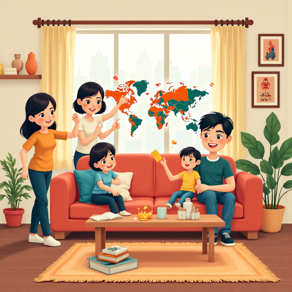 台灣家庭規劃海外旅行與貨幣圖標的像素藝術插圖